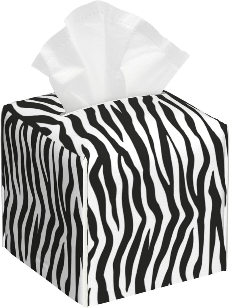 sndheke Zebra Stripes Tissue Box Cover Square,Black and White Stripe Tissue Box Holder Waterproof Leather Facial Paper Organizer Dispenser for Bathroom Home Car Nightstand Vanity Desk - Image 1